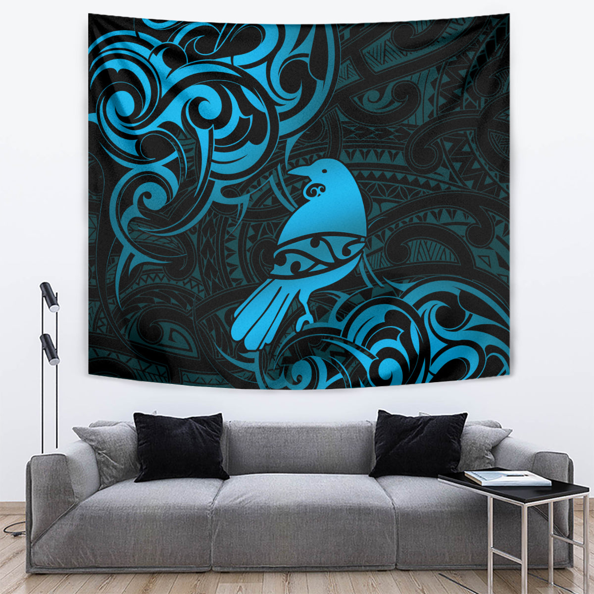 New Zealand Tui Bird Tapestry Aotearoa Maori Pattern - Blue - Vibe Hoodie Shop