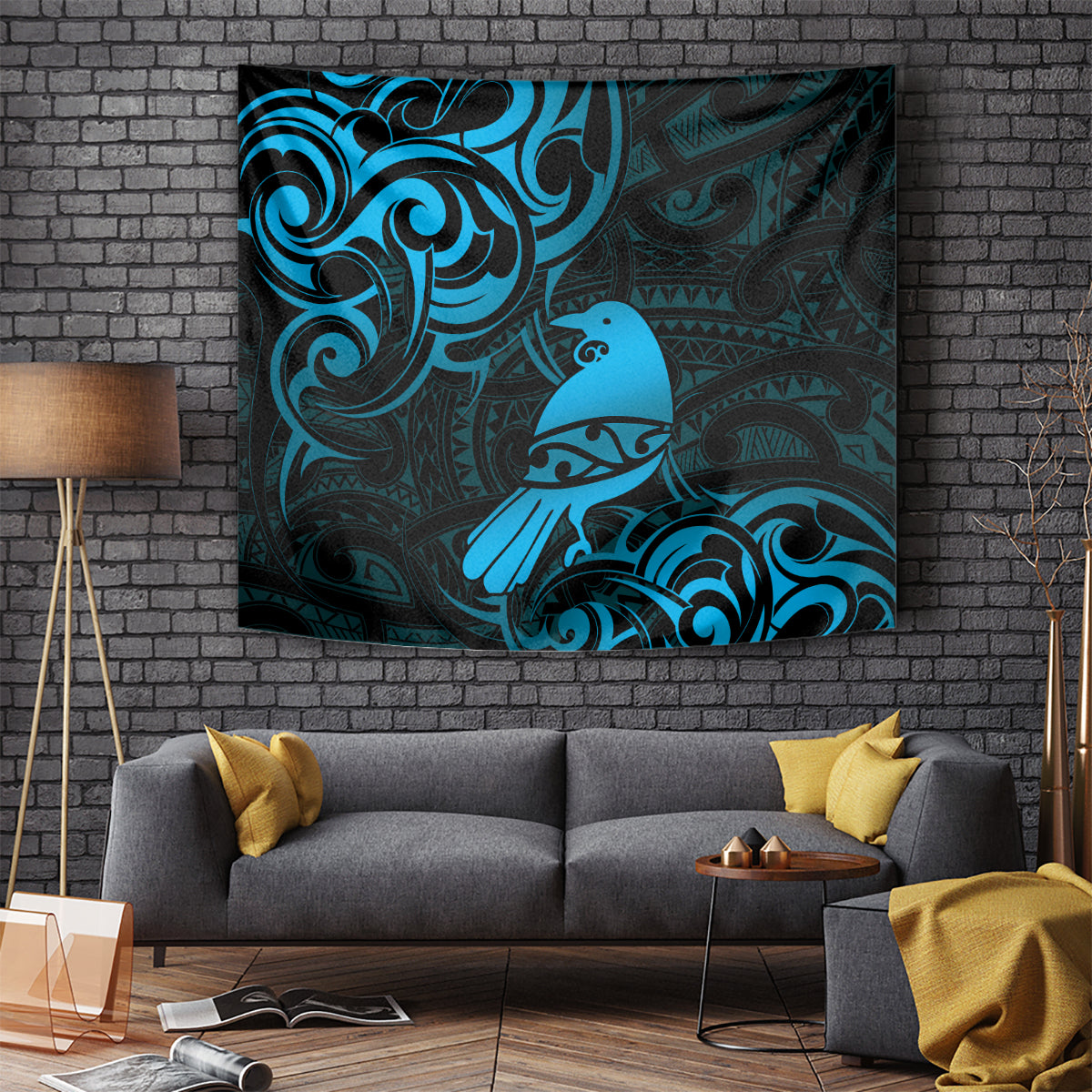 New Zealand Tui Bird Tapestry Aotearoa Maori Pattern - Blue - Vibe Hoodie Shop