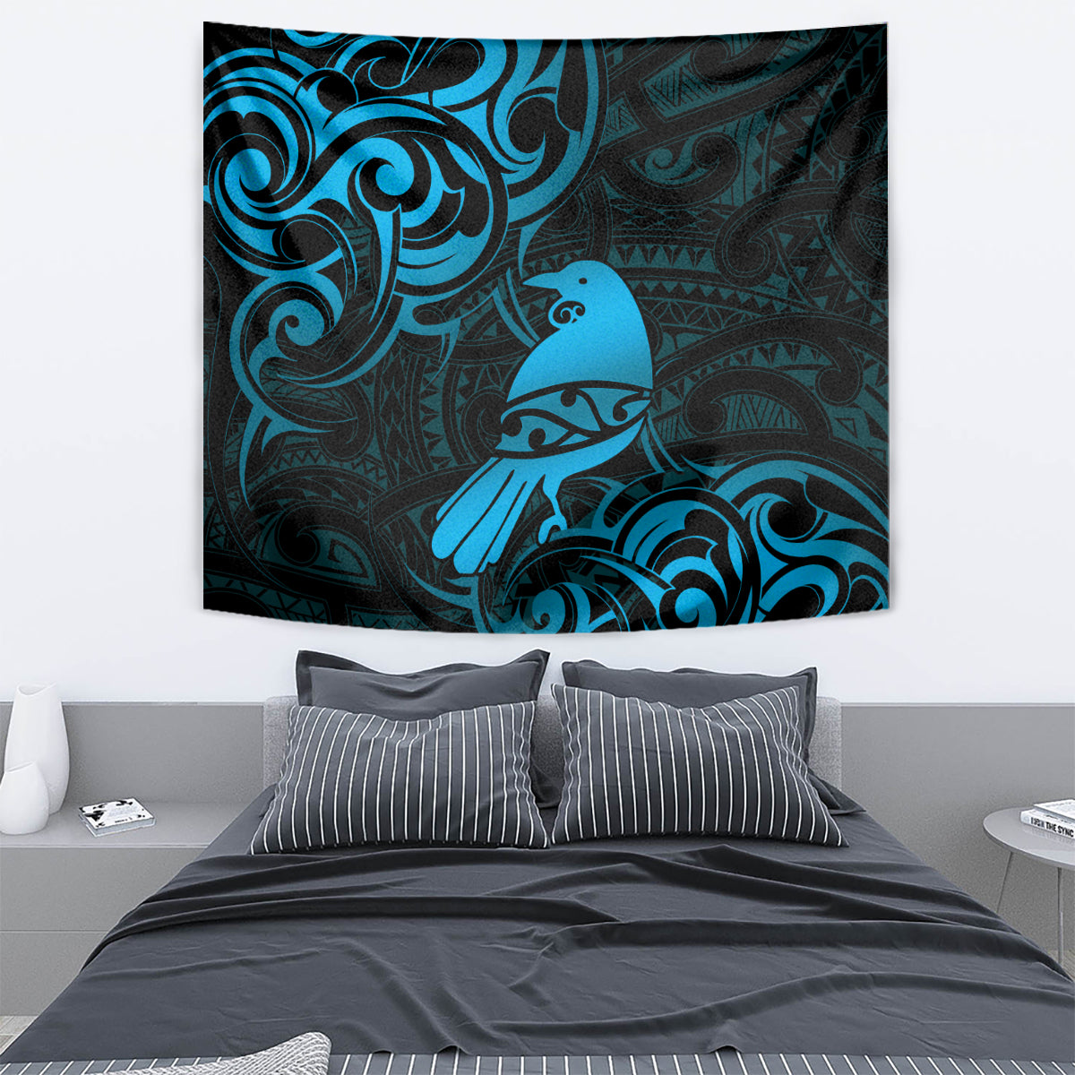 New Zealand Tui Bird Tapestry Aotearoa Maori Pattern - Blue - Vibe Hoodie Shop