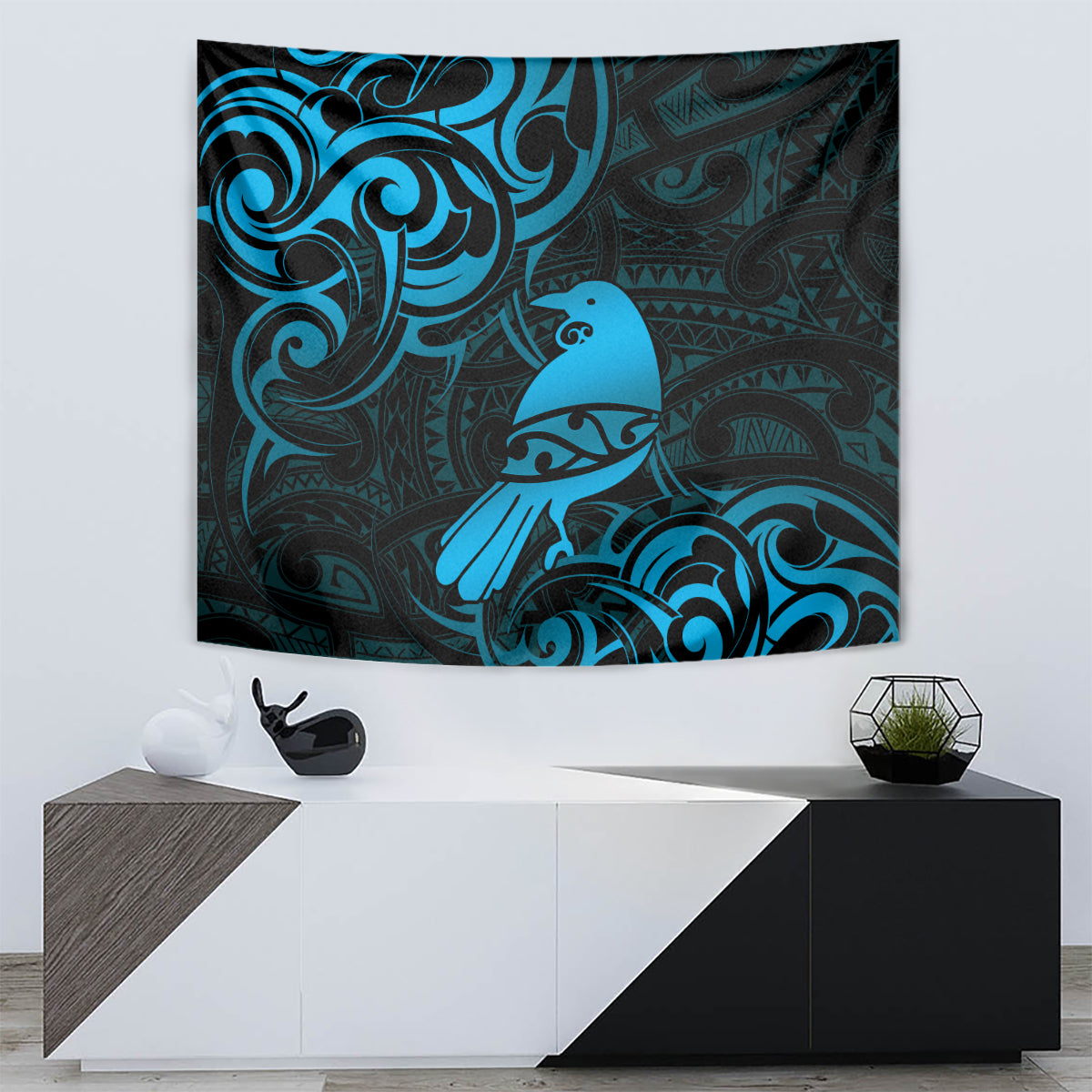 New Zealand Tui Bird Tapestry Aotearoa Maori Pattern - Blue - Vibe Hoodie Shop