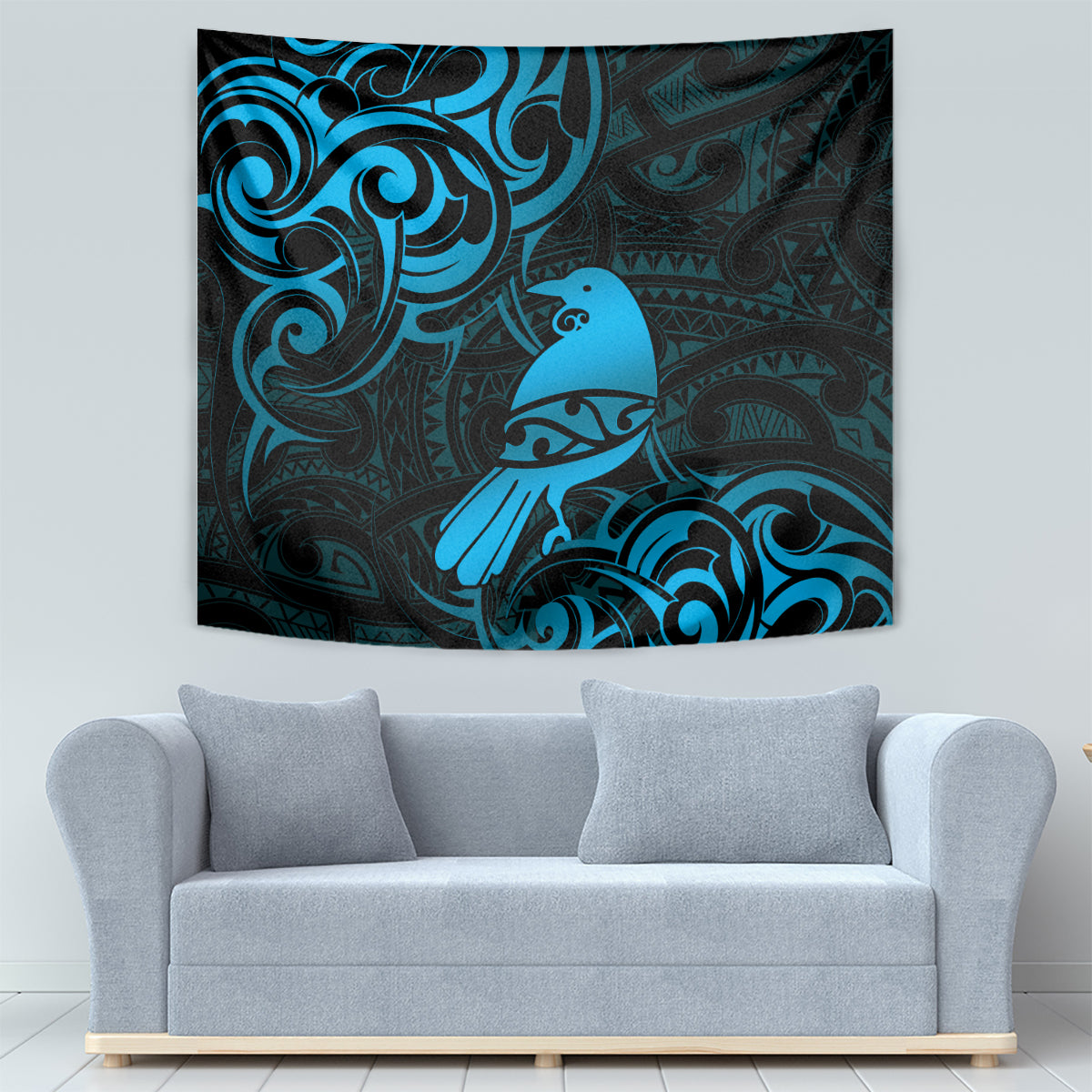 New Zealand Tui Bird Tapestry Aotearoa Maori Pattern - Blue - Vibe Hoodie Shop