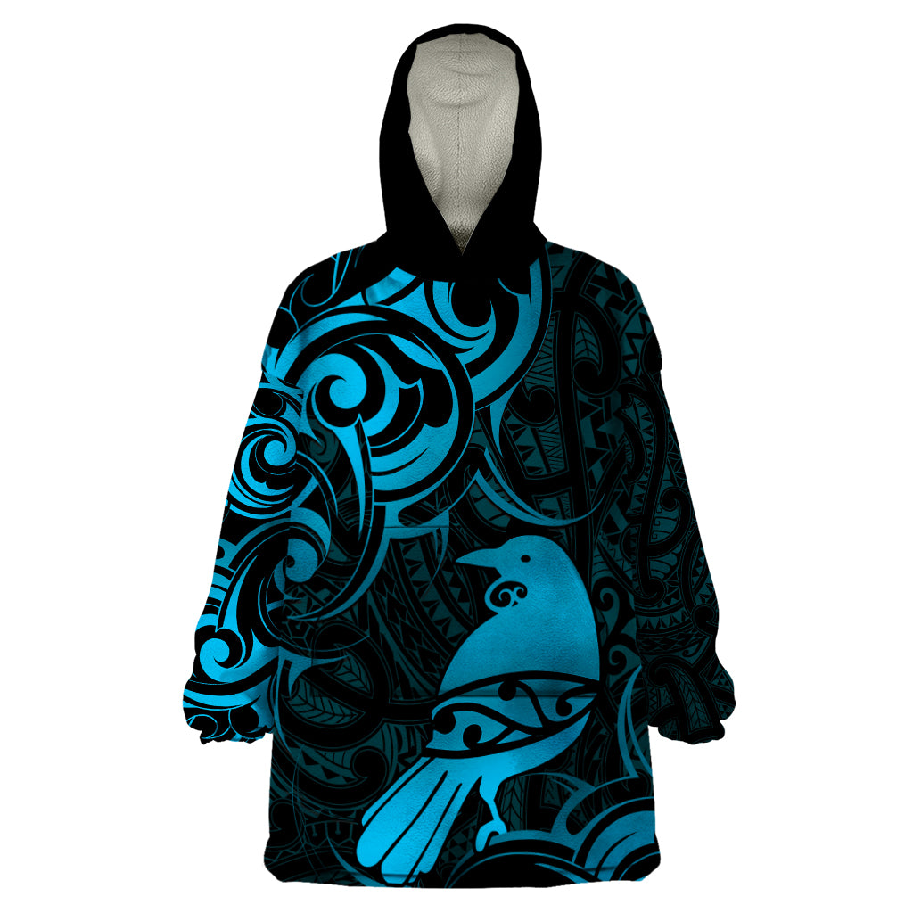 New Zealand Tui Bird Wearable Blanket Hoodie Aotearoa Maori Pattern - Blue - Vibe Hoodie Shop