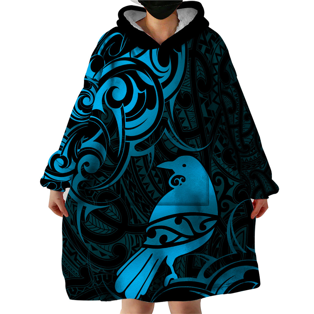 New Zealand Tui Bird Wearable Blanket Hoodie Aotearoa Maori Pattern - Blue - Vibe Hoodie Shop