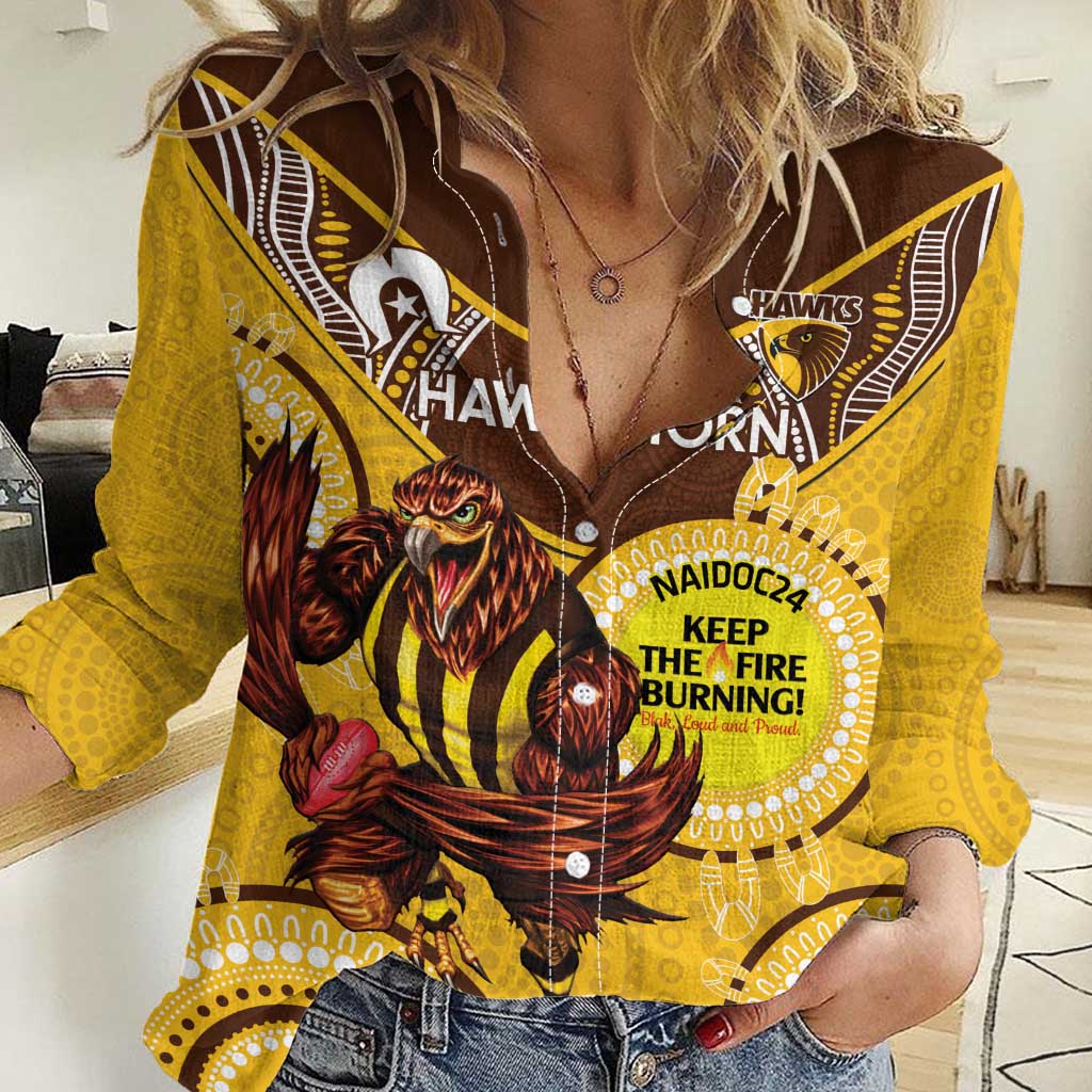 Custom AFL Hawkthorn NAIDOC Week Women Casual Shirt Keep The Fire Burning Indigenous Art - Vibe Hoodie Shop
