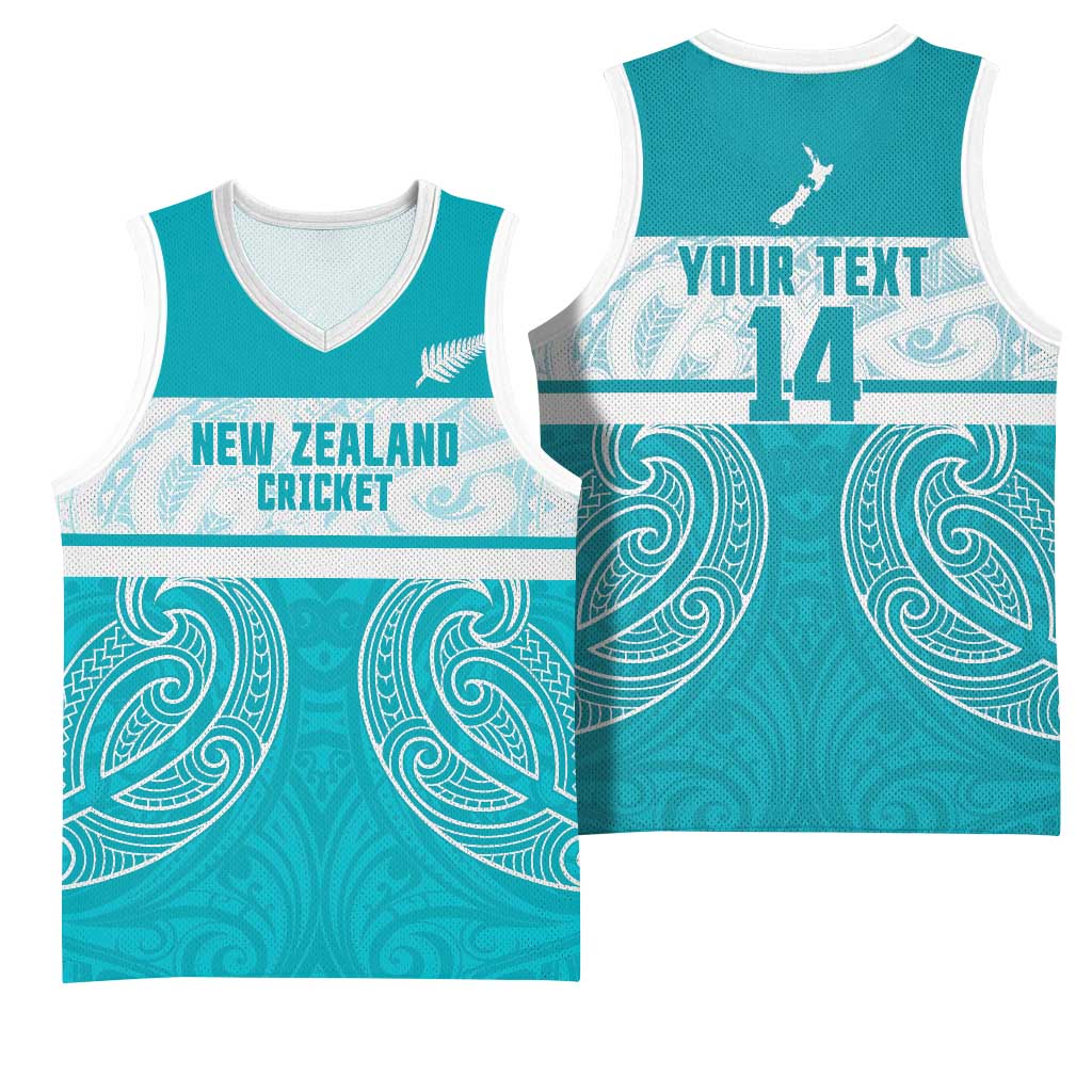 New Zealand Silver Fern Cricket Custom Basketball Jersey Black Cap Teal Maori Pattern - Vibe Hoodie