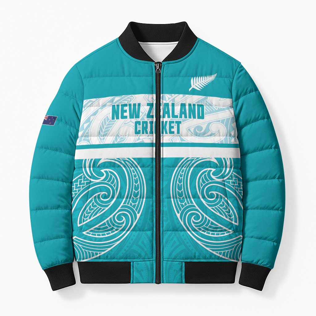 New Zealand Silver Fern Cricket Custom Bomber Puffer Jacket Black Cap Teal Maori Pattern - Vibe Hoodie