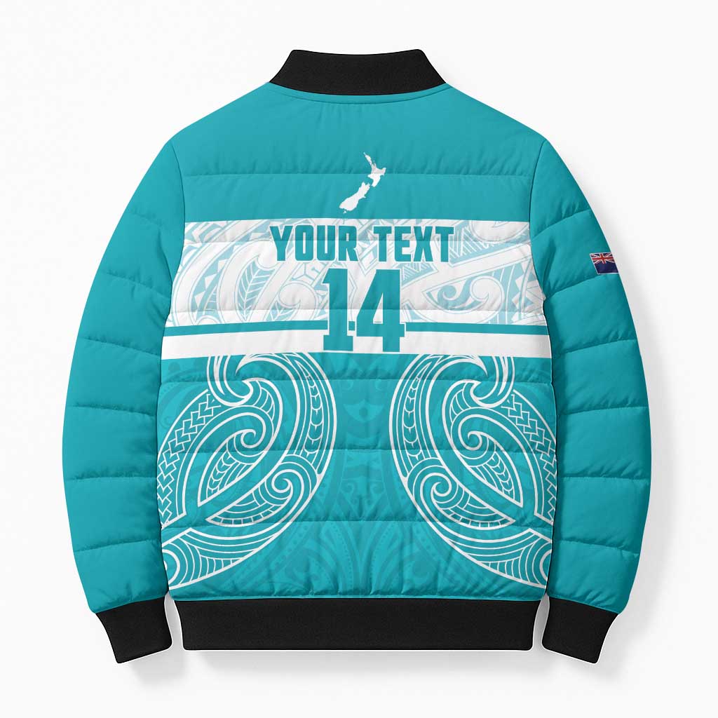 New Zealand Silver Fern Cricket Custom Bomber Puffer Jacket Black Cap Teal Maori Pattern - Vibe Hoodie