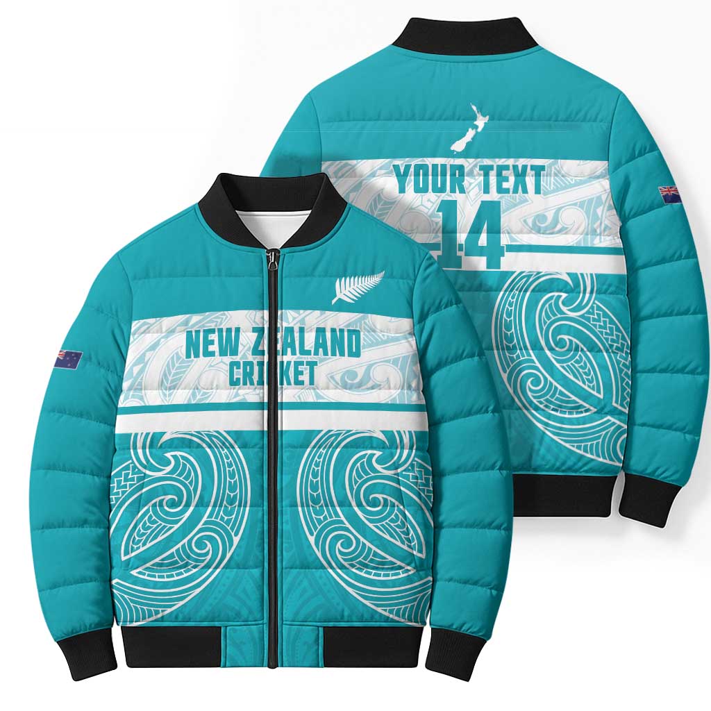 New Zealand Silver Fern Cricket Custom Bomber Puffer Jacket Black Cap Teal Maori Pattern - Vibe Hoodie