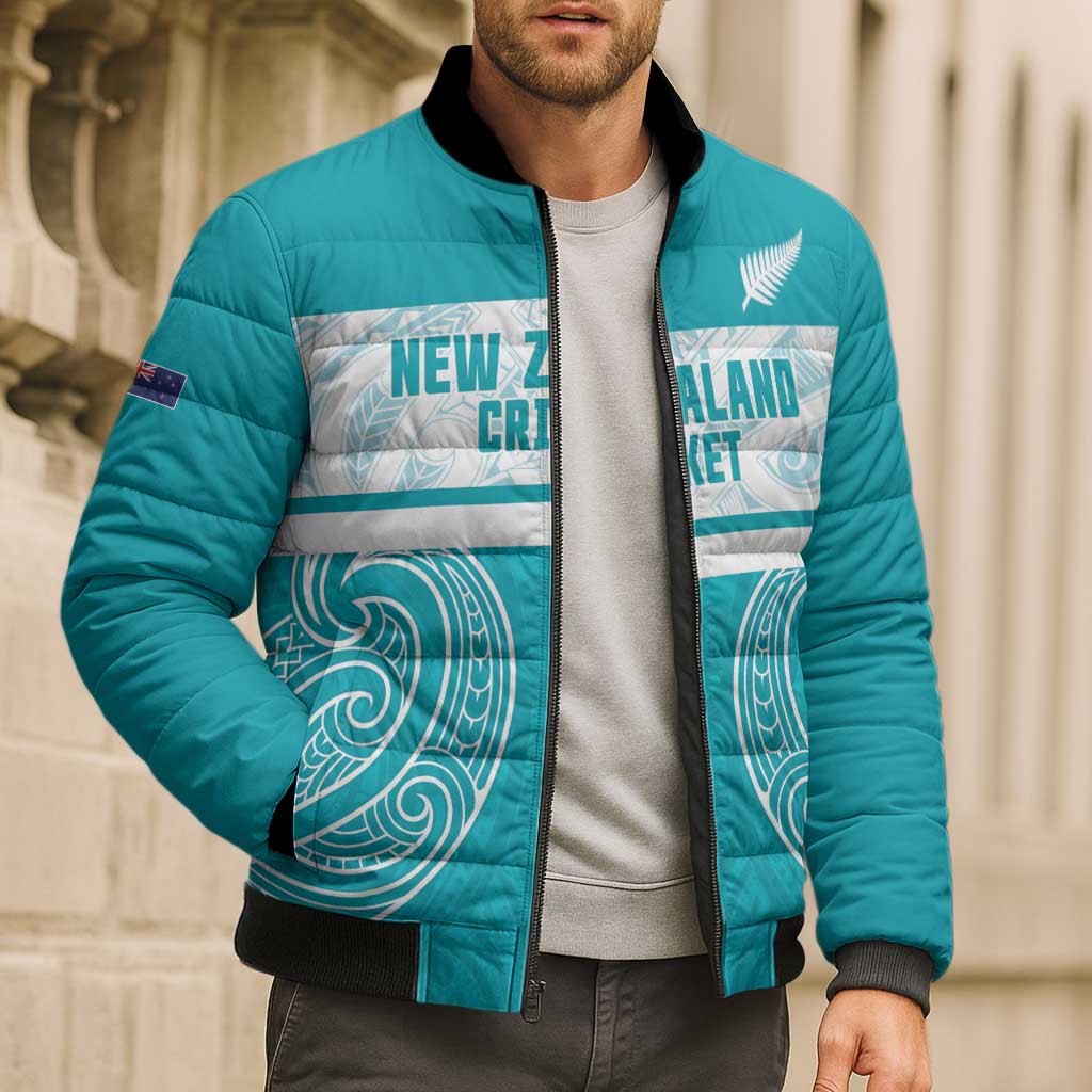 New Zealand Silver Fern Cricket Custom Bomber Puffer Jacket Black Cap Teal Maori Pattern - Vibe Hoodie