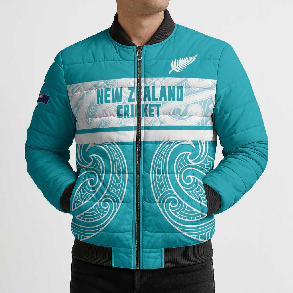 New Zealand Silver Fern Cricket Custom Bomber Puffer Jacket Black Cap Teal Maori Pattern - Vibe Hoodie