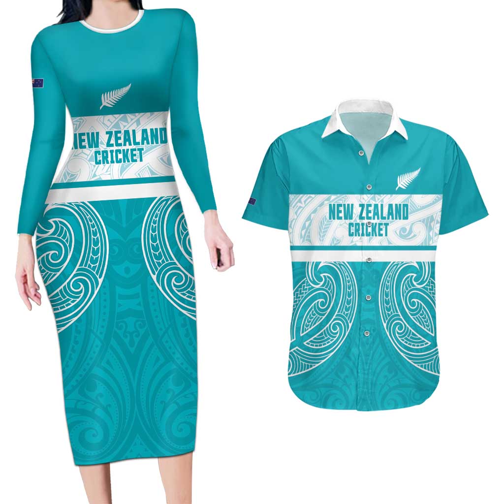 New Zealand Silver Fern Cricket Custom Couples Matching Long Sleeve Bodycon Dress and Hawaiian Shirt Black Cap Teal Maori Pattern - Vibe Hoodie