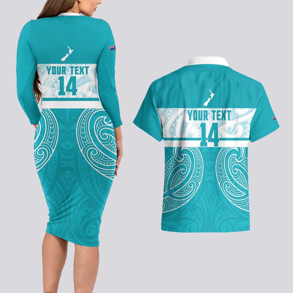 New Zealand Silver Fern Cricket Custom Couples Matching Long Sleeve Bodycon Dress and Hawaiian Shirt Black Cap Teal Maori Pattern - Vibe Hoodie