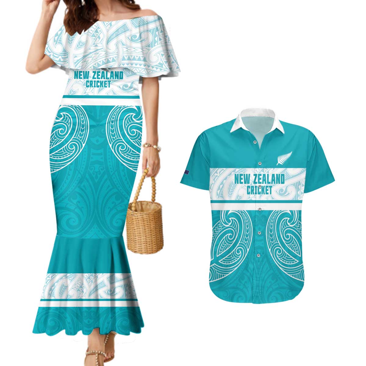 New Zealand Silver Fern Cricket Custom Couples Matching Mermaid Dress and Hawaiian Shirt Black Cap Teal Maori Pattern - Vibe Hoodie