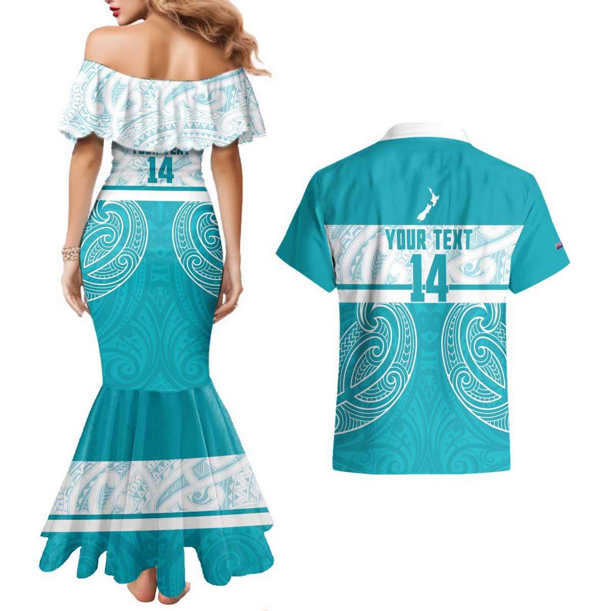 New Zealand Silver Fern Cricket Custom Couples Matching Mermaid Dress and Hawaiian Shirt Black Cap Teal Maori Pattern - Vibe Hoodie