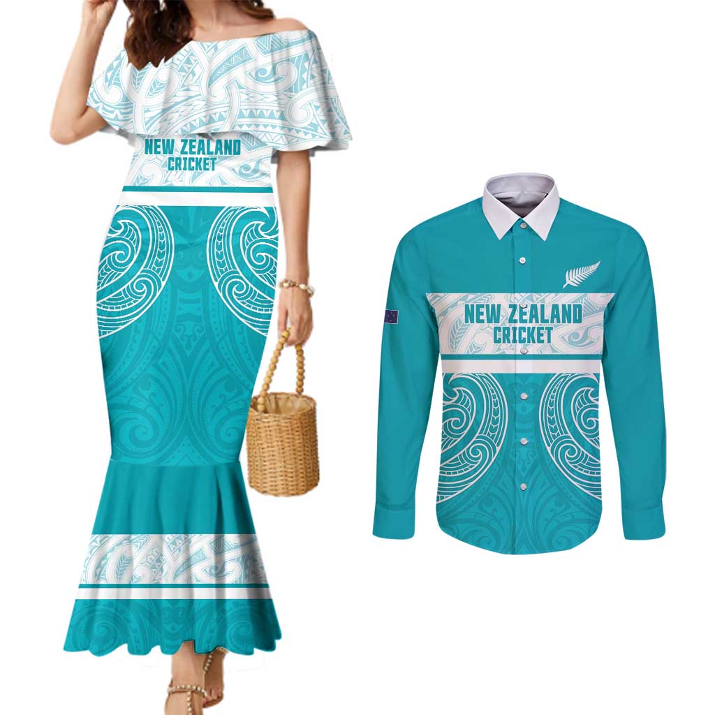 New Zealand Silver Fern Cricket Custom Couples Matching Mermaid Dress and Long Sleeve Button Shirt Black Cap Teal Maori Pattern - Vibe Hoodie