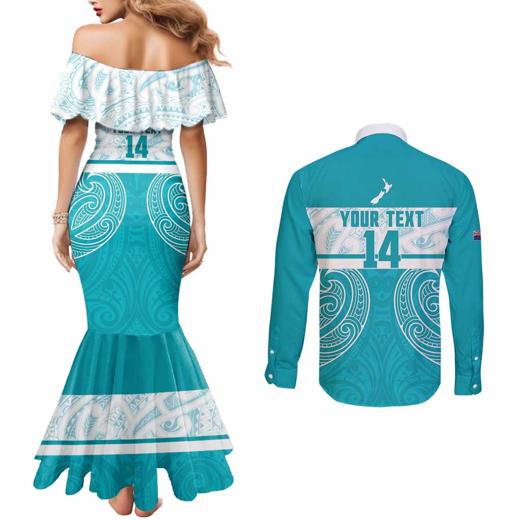 New Zealand Silver Fern Cricket Custom Couples Matching Mermaid Dress and Long Sleeve Button Shirt Black Cap Teal Maori Pattern - Vibe Hoodie