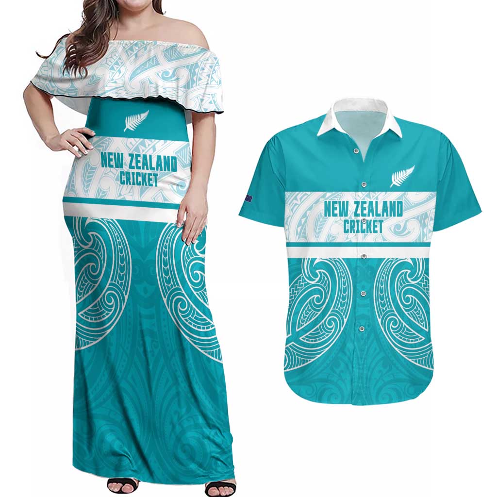 New Zealand Silver Fern Cricket Custom Couples Matching Off Shoulder Maxi Dress and Hawaiian Shirt Black Cap Teal Maori Pattern - Vibe Hoodie