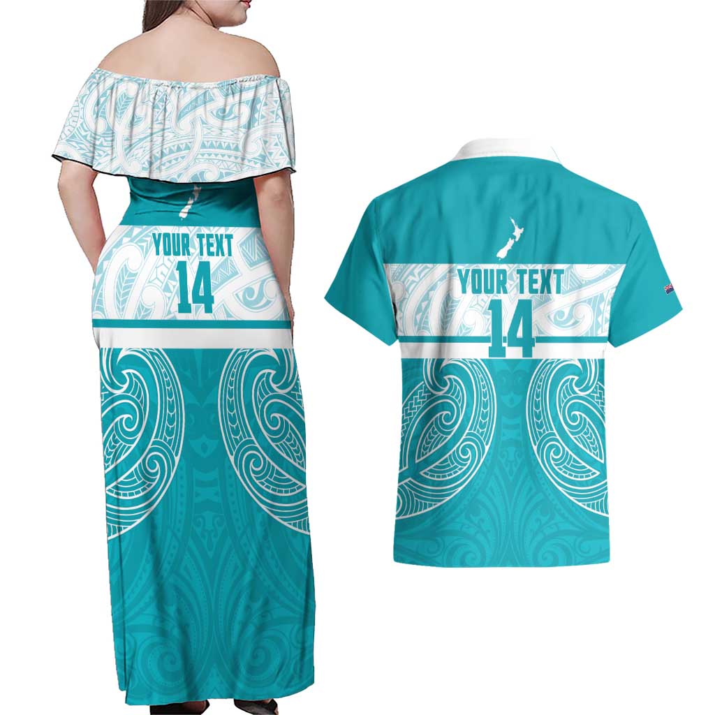 New Zealand Silver Fern Cricket Custom Couples Matching Off Shoulder Maxi Dress and Hawaiian Shirt Black Cap Teal Maori Pattern - Vibe Hoodie