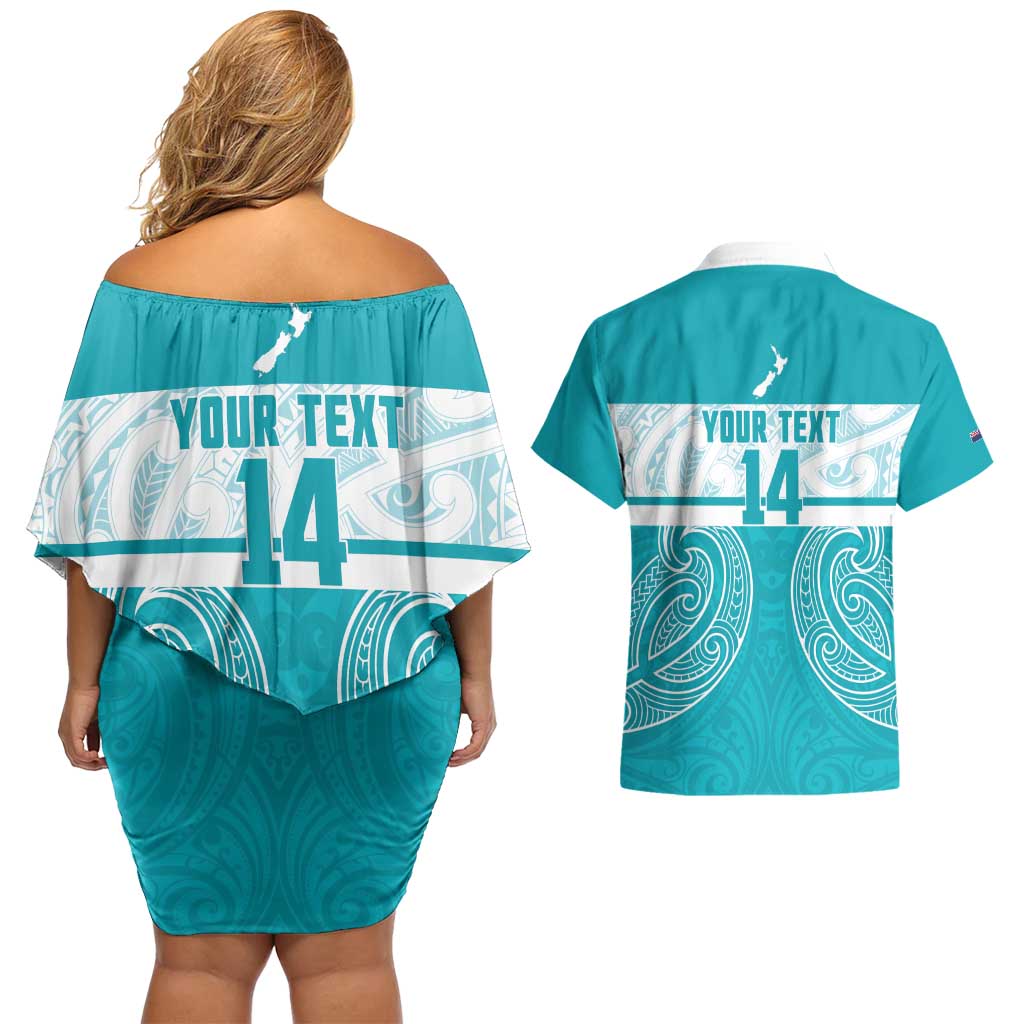 New Zealand Silver Fern Cricket Custom Couples Matching Off Shoulder Short Dress and Hawaiian Shirt Black Cap Teal Maori Pattern - Vibe Hoodie