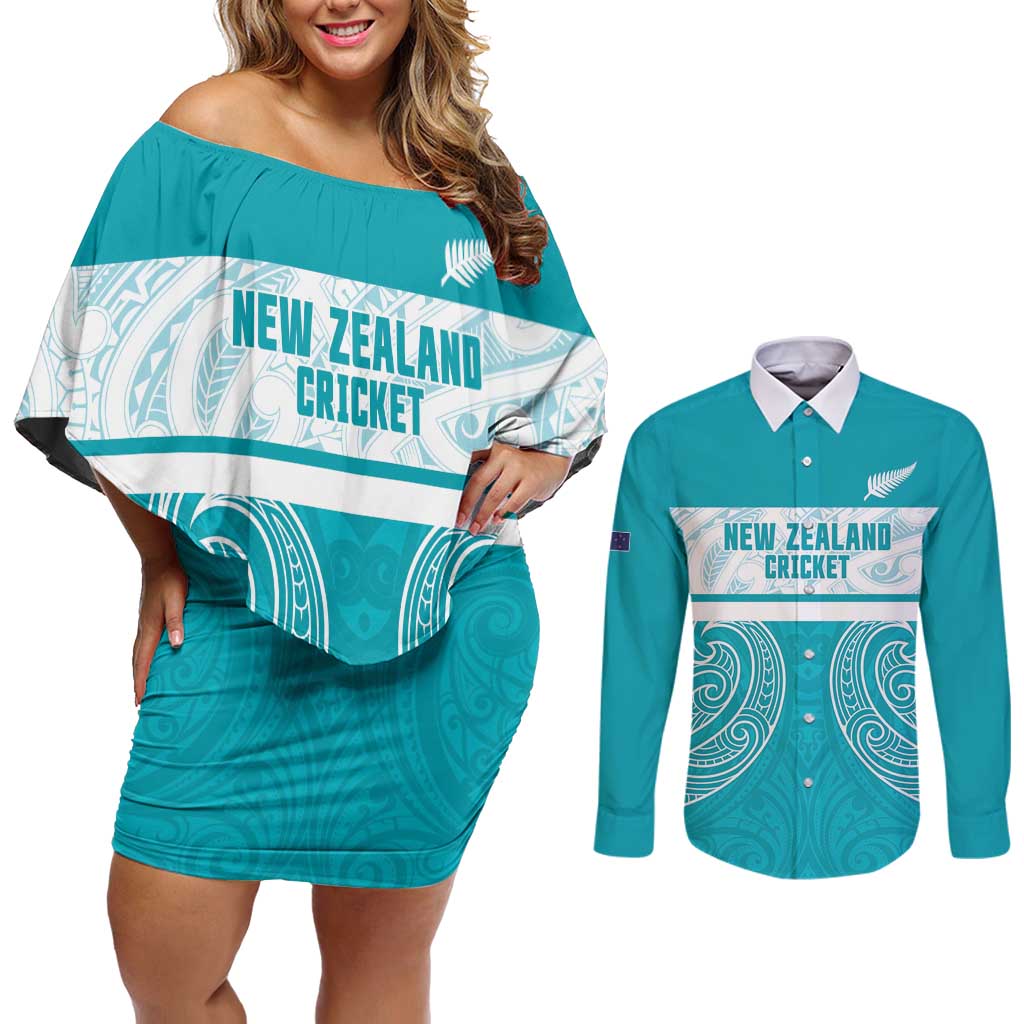 New Zealand Silver Fern Cricket Custom Couples Matching Off Shoulder Short Dress and Long Sleeve Button Shirt Black Cap Teal Maori Pattern - Vibe Hoodie