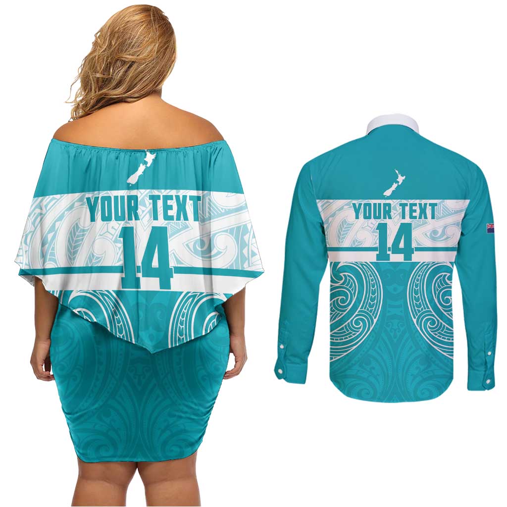 New Zealand Silver Fern Cricket Custom Couples Matching Off Shoulder Short Dress and Long Sleeve Button Shirt Black Cap Teal Maori Pattern - Vibe Hoodie