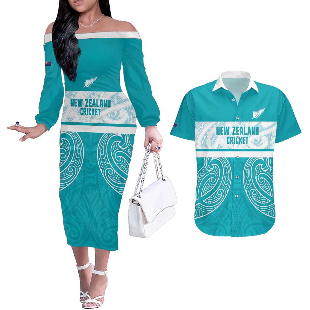 New Zealand Silver Fern Cricket Custom Couples Matching Off The Shoulder Long Sleeve Dress and Hawaiian Shirt Black Cap Teal Maori Pattern - Vibe Hoodie