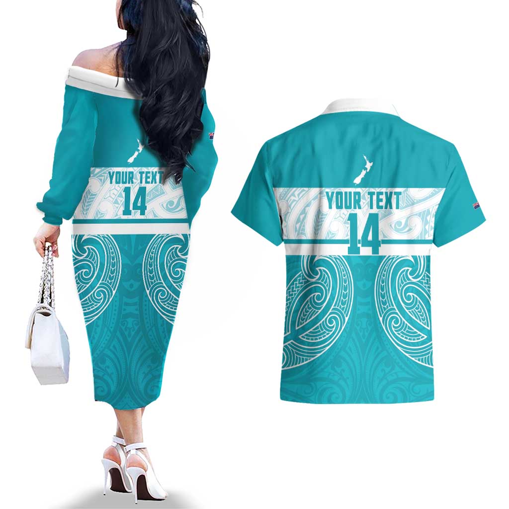 New Zealand Silver Fern Cricket Custom Couples Matching Off The Shoulder Long Sleeve Dress and Hawaiian Shirt Black Cap Teal Maori Pattern - Vibe Hoodie