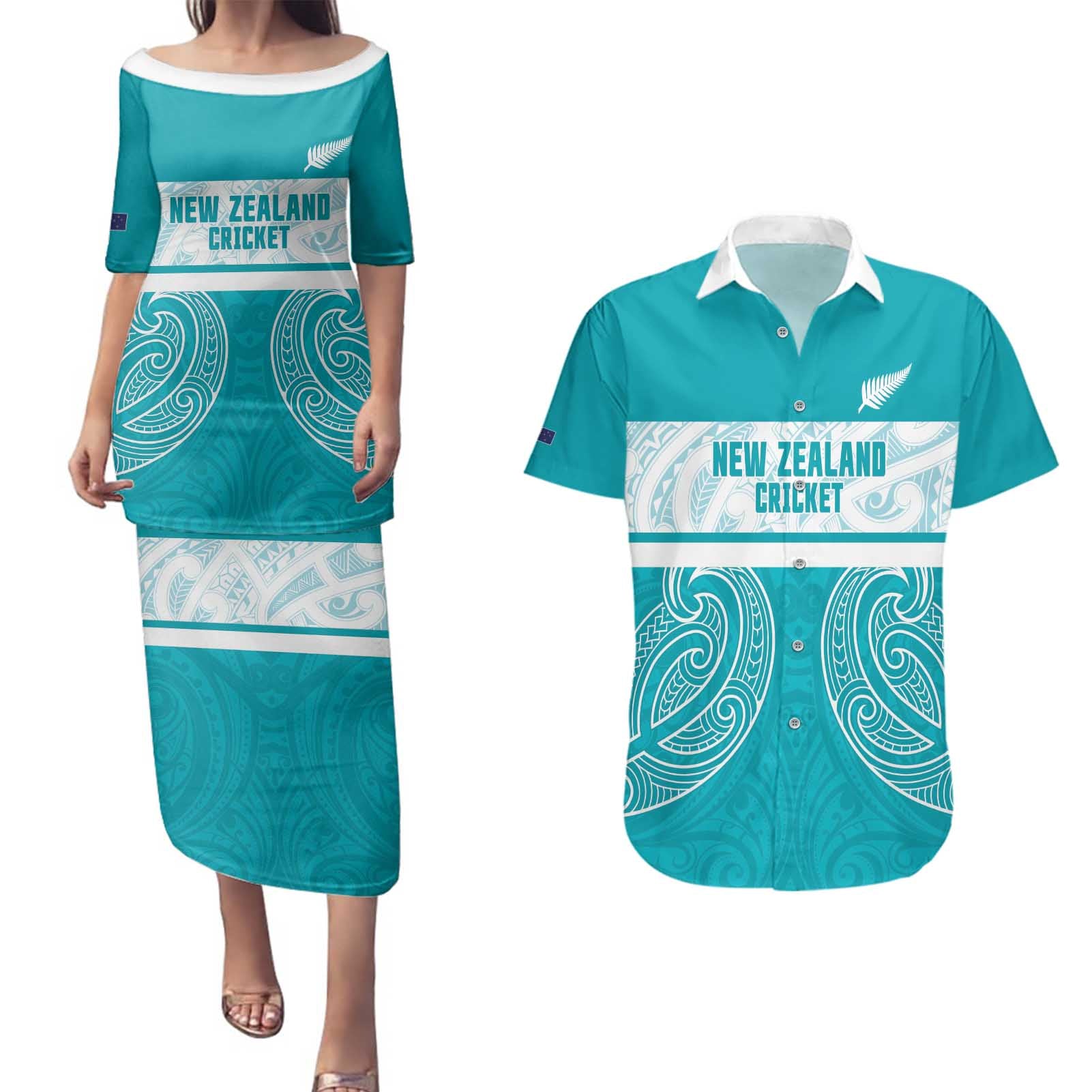 New Zealand Silver Fern Cricket Custom Couples Matching Puletasi and Hawaiian Shirt Black Cap Teal Maori Pattern - Vibe Hoodie