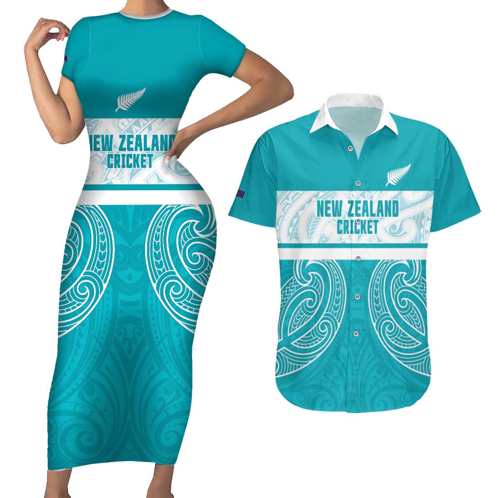 New Zealand Silver Fern Cricket Custom Couples Matching Short Sleeve Bodycon Dress and Hawaiian Shirt Black Cap Teal Maori Pattern - Vibe Hoodie