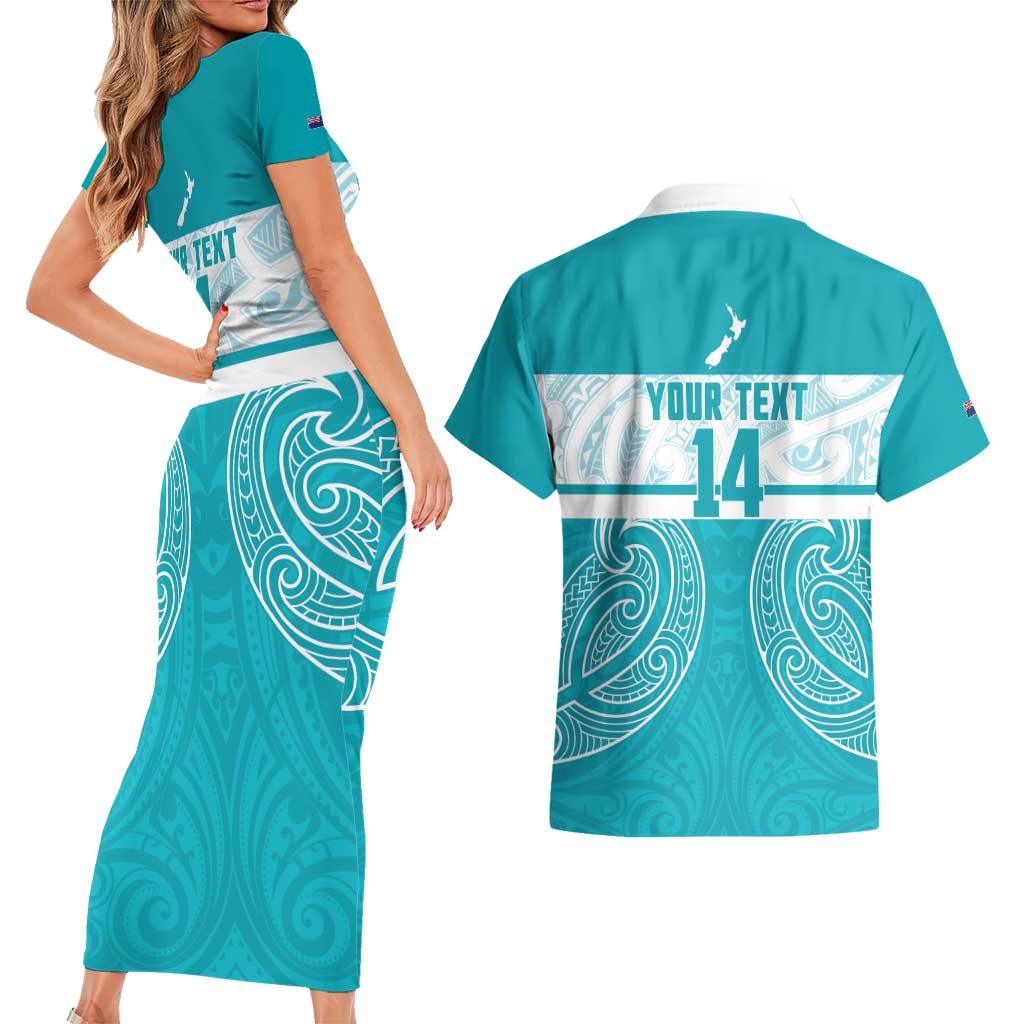 New Zealand Silver Fern Cricket Custom Couples Matching Short Sleeve Bodycon Dress and Hawaiian Shirt Black Cap Teal Maori Pattern - Vibe Hoodie