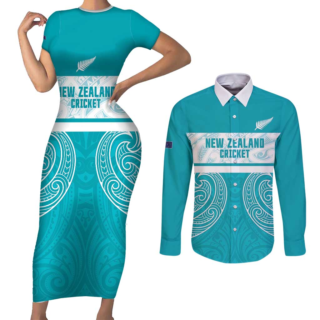 New Zealand Silver Fern Cricket Custom Couples Matching Short Sleeve Bodycon Dress and Long Sleeve Button Shirt Black Cap Teal Maori Pattern - Vibe Hoodie