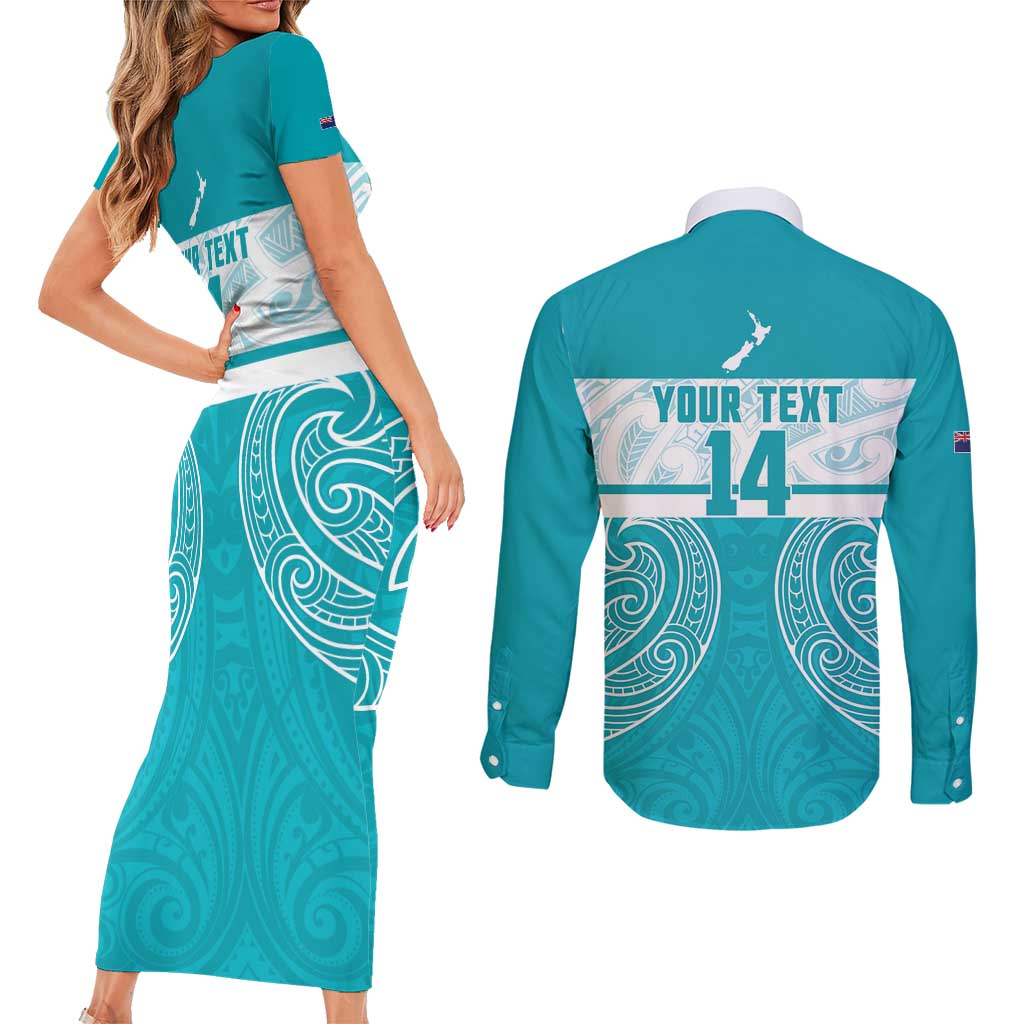 New Zealand Silver Fern Cricket Custom Couples Matching Short Sleeve Bodycon Dress and Long Sleeve Button Shirt Black Cap Teal Maori Pattern - Vibe Hoodie