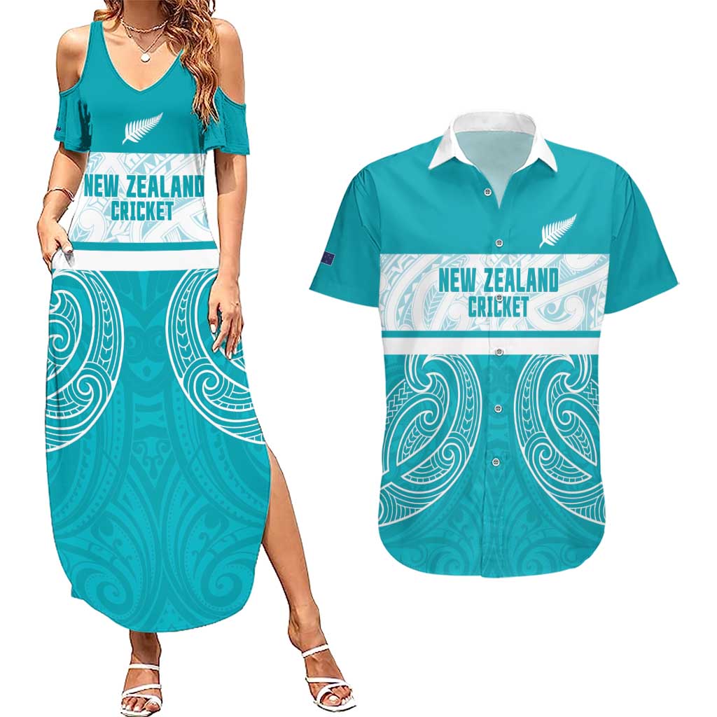 New Zealand Silver Fern Cricket Custom Couples Matching Summer Maxi Dress and Hawaiian Shirt Black Cap Teal Maori Pattern - Vibe Hoodie