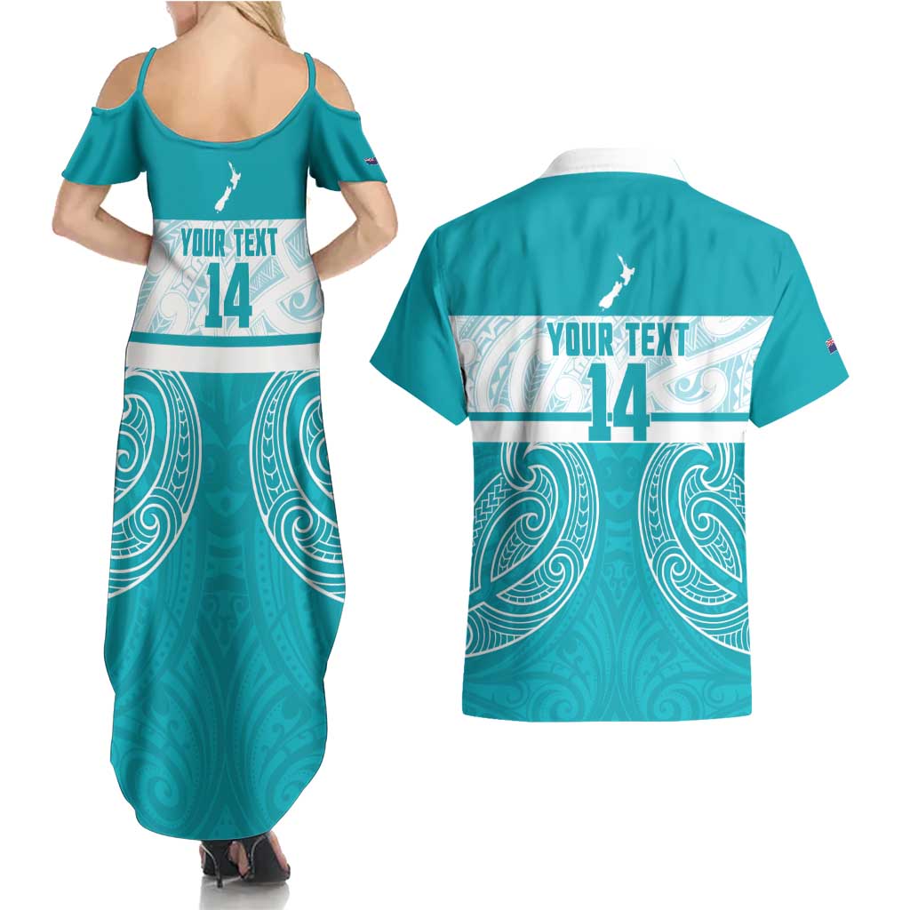 New Zealand Silver Fern Cricket Custom Couples Matching Summer Maxi Dress and Hawaiian Shirt Black Cap Teal Maori Pattern - Vibe Hoodie