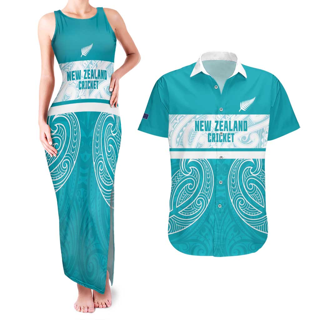 New Zealand Silver Fern Cricket Custom Couples Matching Tank Maxi Dress and Hawaiian Shirt Black Cap Teal Maori Pattern - Vibe Hoodie