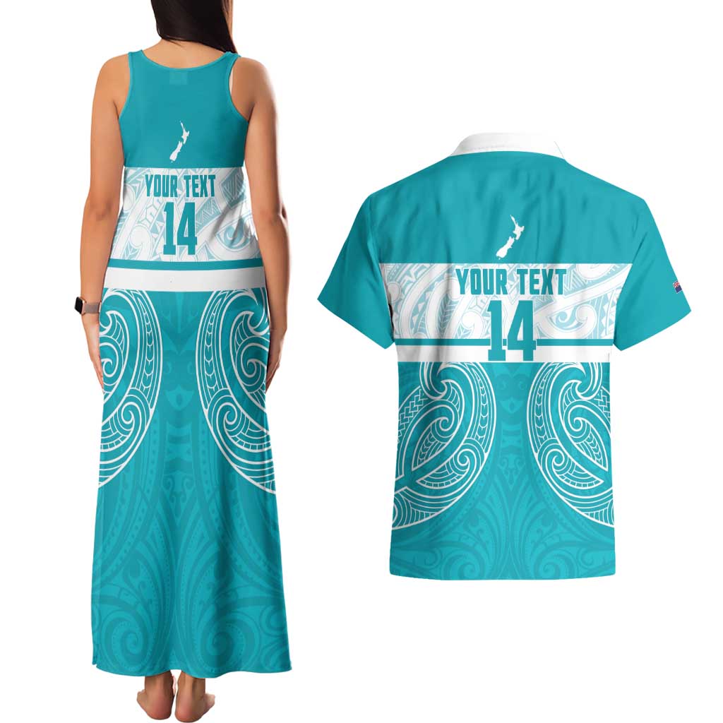 New Zealand Silver Fern Cricket Custom Couples Matching Tank Maxi Dress and Hawaiian Shirt Black Cap Teal Maori Pattern - Vibe Hoodie
