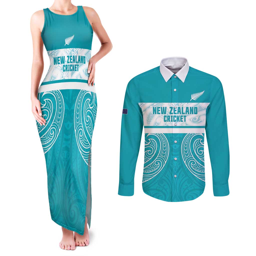 New Zealand Silver Fern Cricket Custom Couples Matching Tank Maxi Dress and Long Sleeve Button Shirt Black Cap Teal Maori Pattern - Vibe Hoodie