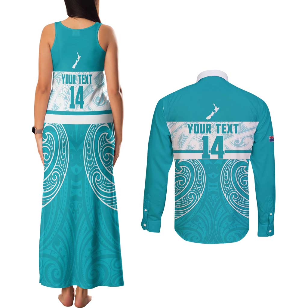 New Zealand Silver Fern Cricket Custom Couples Matching Tank Maxi Dress and Long Sleeve Button Shirt Black Cap Teal Maori Pattern - Vibe Hoodie