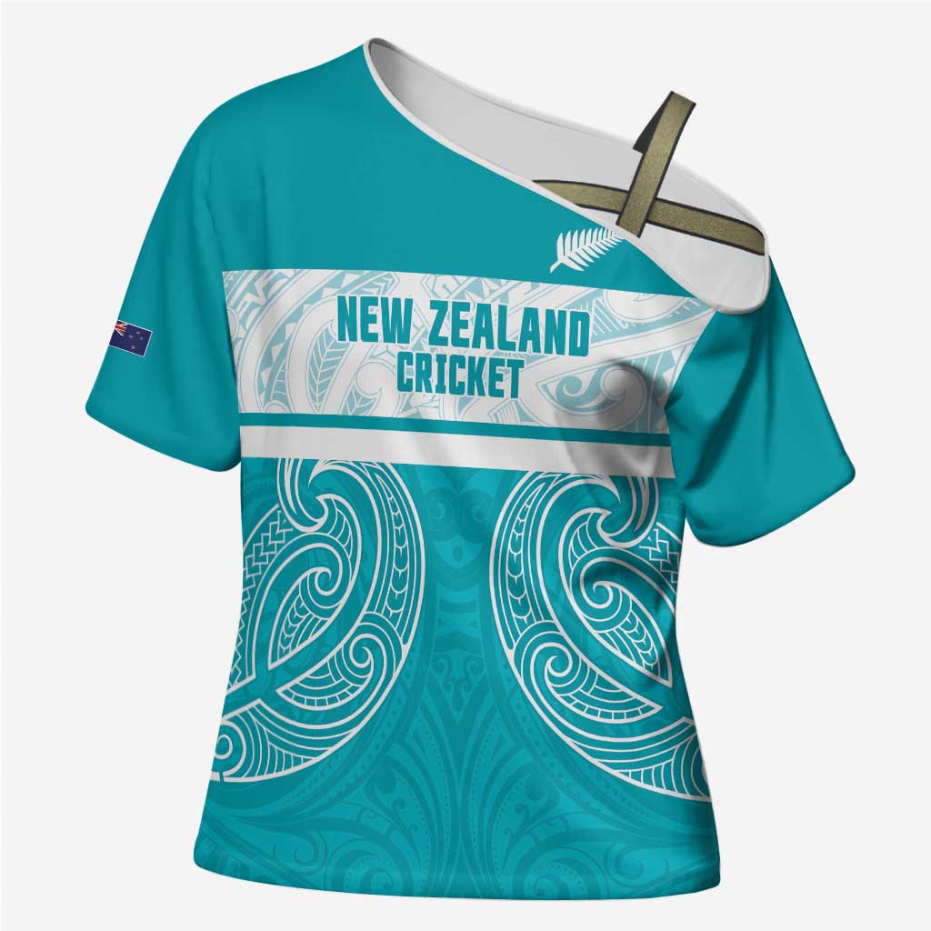 New Zealand Silver Fern Cricket Custom Cross Shoulder Shirt Black Cap Teal Maori Pattern - Vibe Hoodie