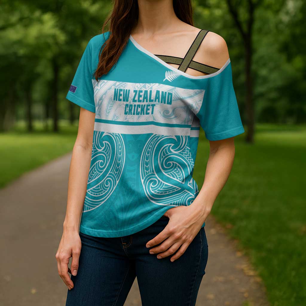 New Zealand Silver Fern Cricket Custom Cross Shoulder Shirt Black Cap Teal Maori Pattern - Vibe Hoodie