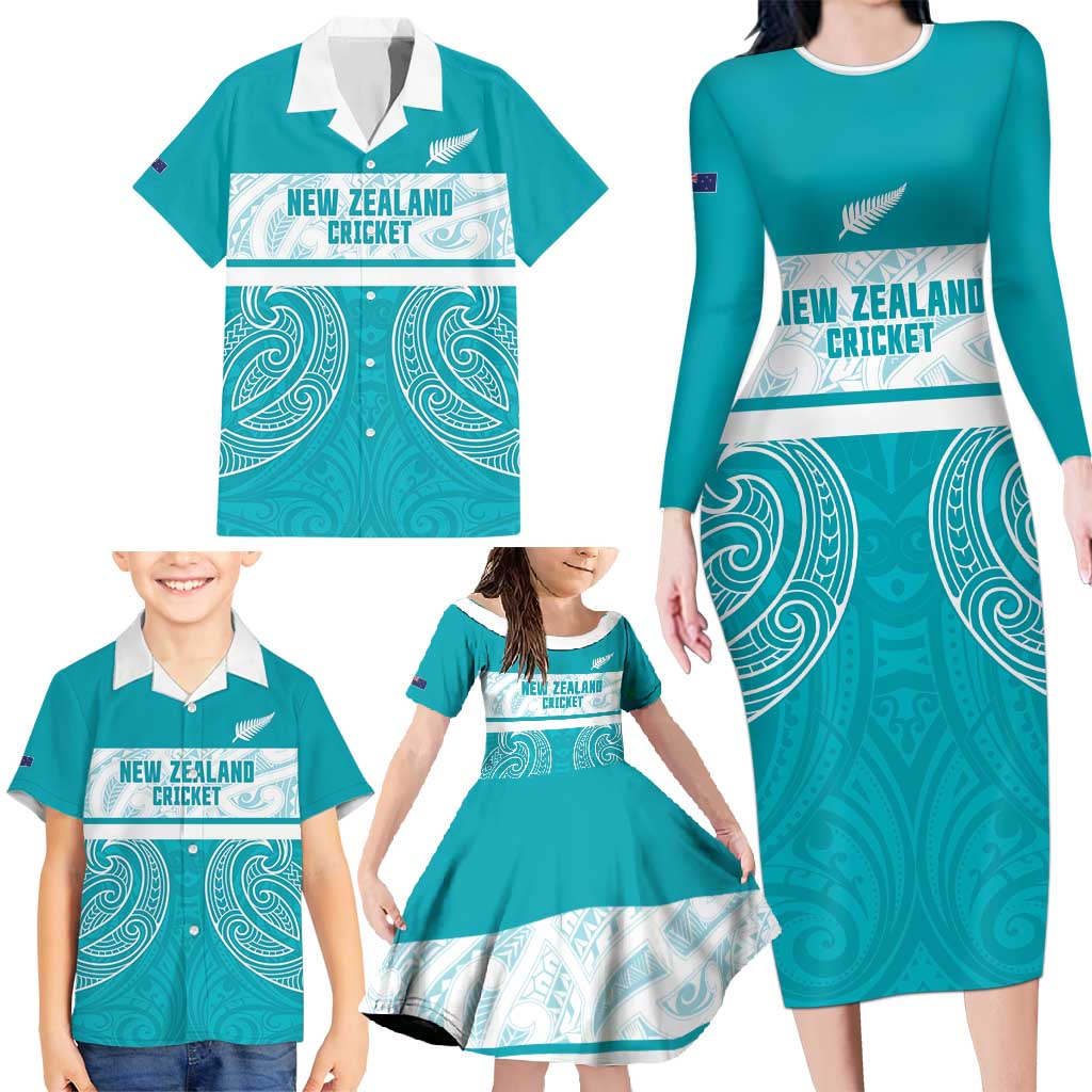 New Zealand Silver Fern Cricket Custom Family Matching Long Sleeve Bodycon Dress and Hawaiian Shirt Black Cap Teal Maori Pattern - Vibe Hoodie