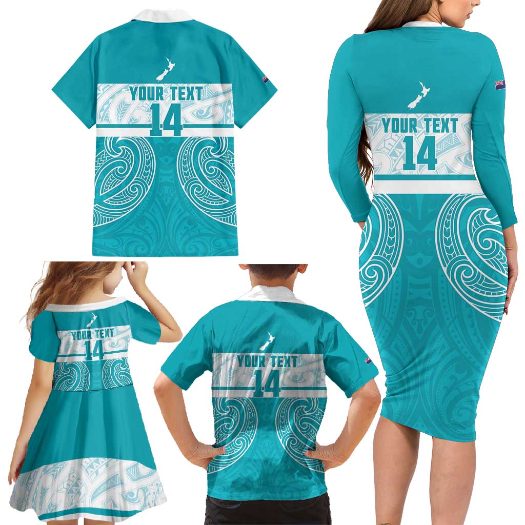 New Zealand Silver Fern Cricket Custom Family Matching Long Sleeve Bodycon Dress and Hawaiian Shirt Black Cap Teal Maori Pattern - Vibe Hoodie