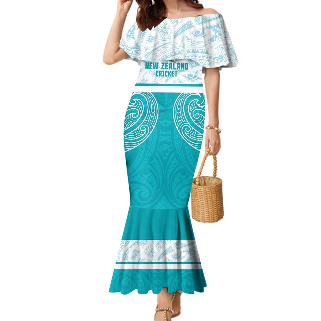 New Zealand Silver Fern Cricket Custom Family Matching Mermaid Dress and Hawaiian Shirt Black Cap Teal Maori Pattern - Vibe Hoodie