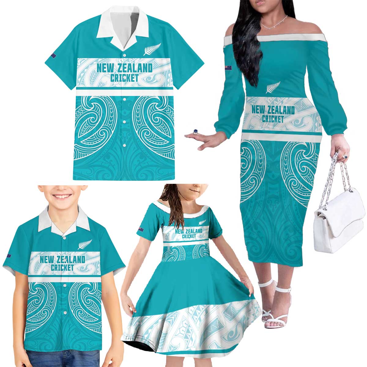 New Zealand Silver Fern Cricket Custom Family Matching Off The Shoulder Long Sleeve Dress and Hawaiian Shirt Black Cap Teal Maori Pattern - Vibe Hoodie