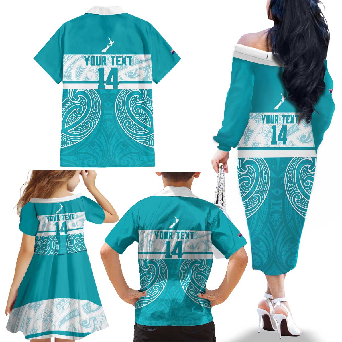 New Zealand Silver Fern Cricket Custom Family Matching Off The Shoulder Long Sleeve Dress and Hawaiian Shirt Black Cap Teal Maori Pattern - Vibe Hoodie