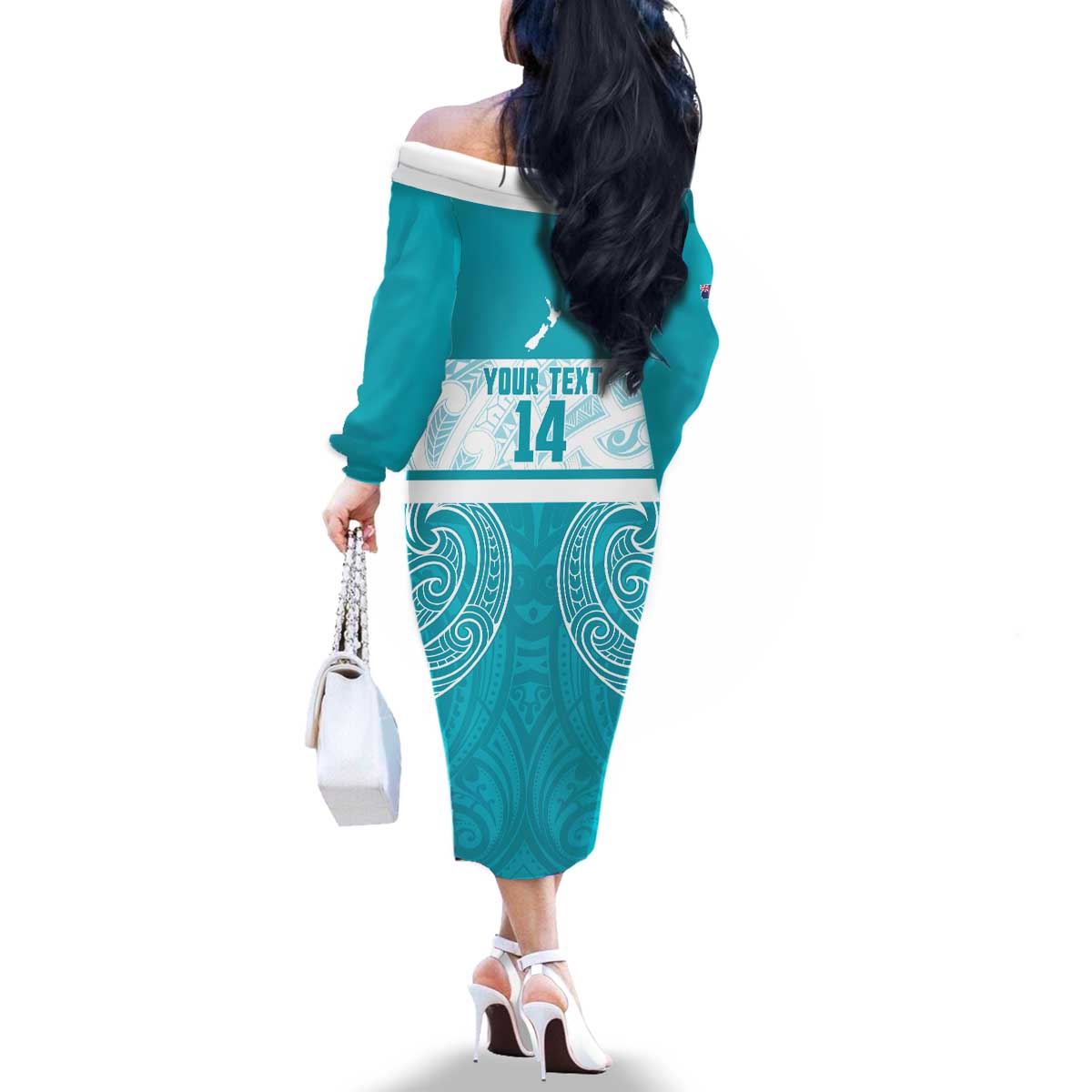 New Zealand Silver Fern Cricket Custom Family Matching Off The Shoulder Long Sleeve Dress and Hawaiian Shirt Black Cap Teal Maori Pattern - Vibe Hoodie