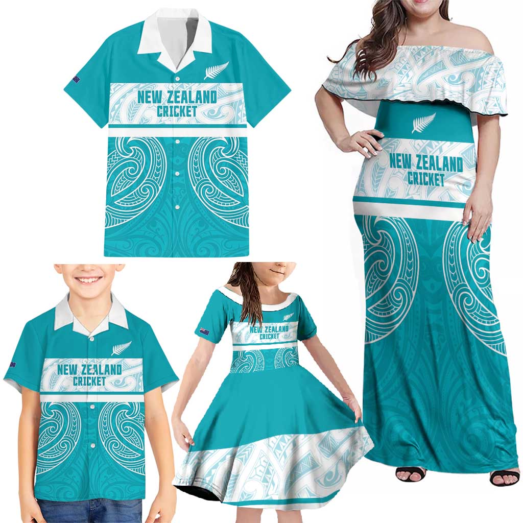 New Zealand Silver Fern Cricket Custom Family Matching Off Shoulder Maxi Dress and Hawaiian Shirt Black Cap Teal Maori Pattern - Vibe Hoodie