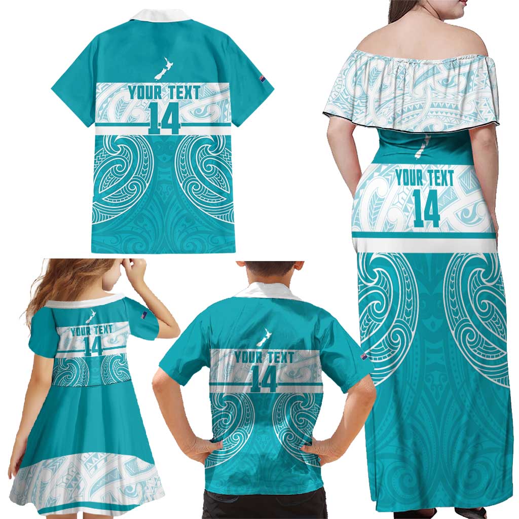 New Zealand Silver Fern Cricket Custom Family Matching Off Shoulder Maxi Dress and Hawaiian Shirt Black Cap Teal Maori Pattern - Vibe Hoodie