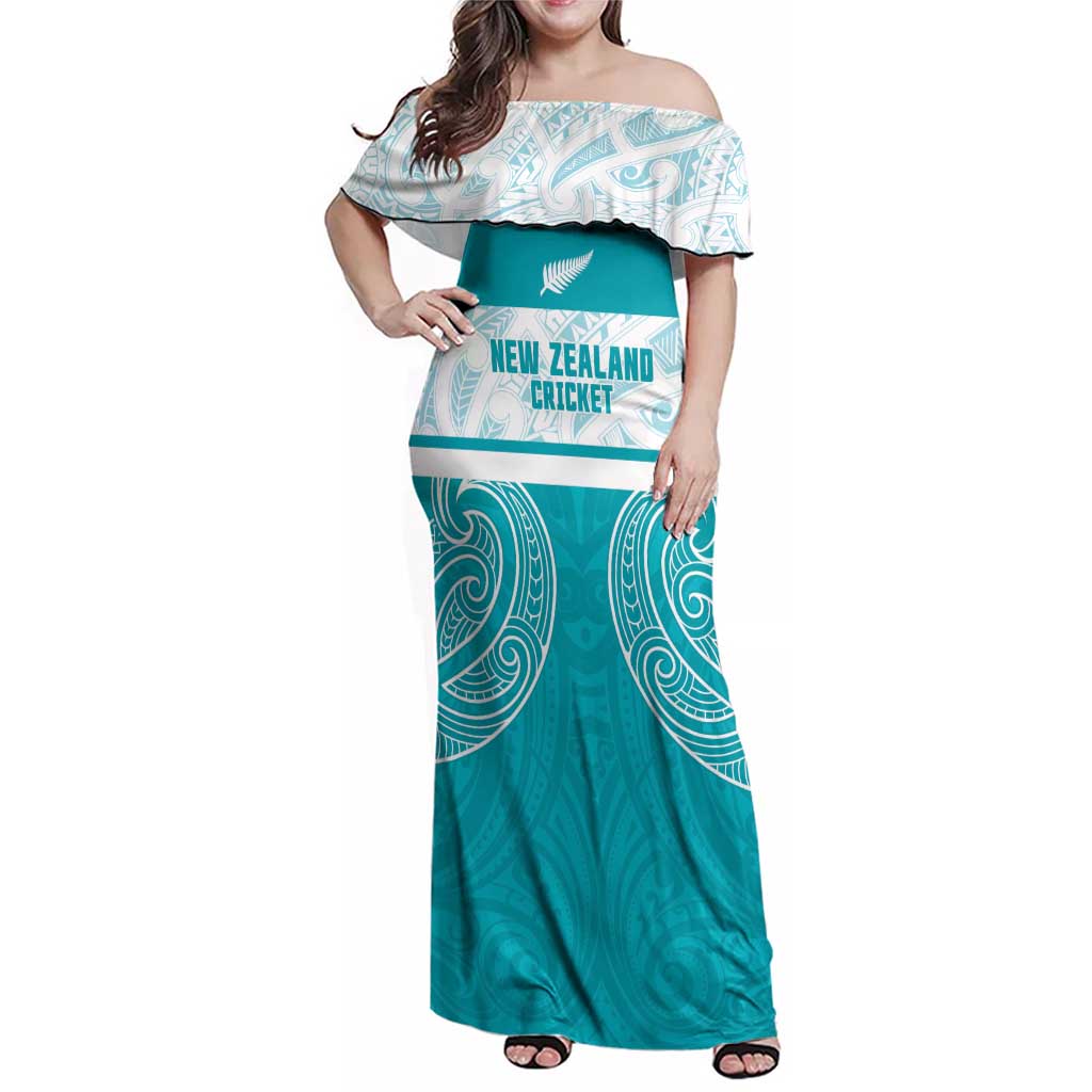 New Zealand Silver Fern Cricket Custom Family Matching Off Shoulder Maxi Dress and Hawaiian Shirt Black Cap Teal Maori Pattern - Vibe Hoodie