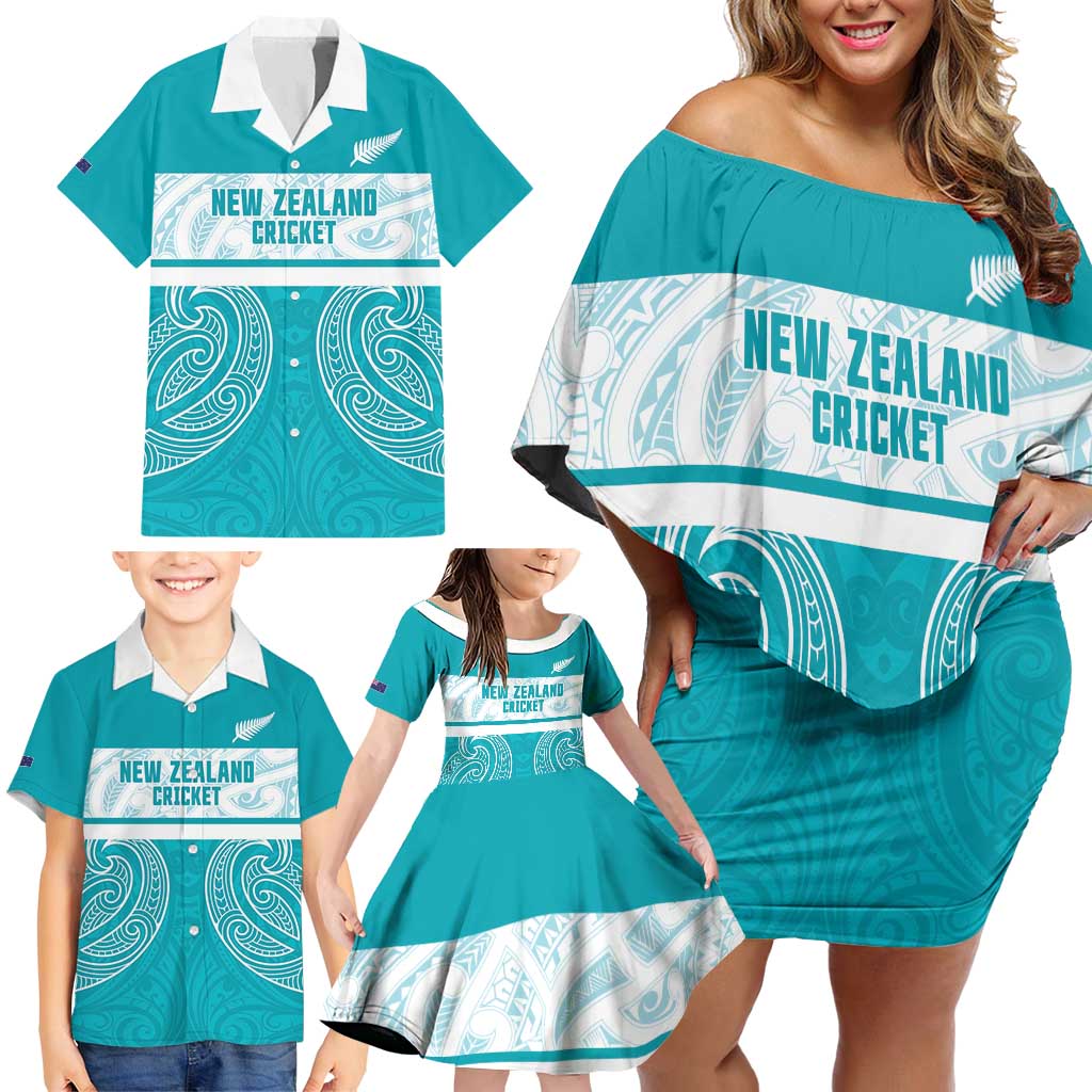 New Zealand Silver Fern Cricket Custom Family Matching Off Shoulder Short Dress and Hawaiian Shirt Black Cap Teal Maori Pattern - Vibe Hoodie